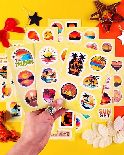 BulbaCraft Sunset Stickers - Beach Stickers, Sun Decals, Summer Decals for Water Bottle and Laptop, Palm Trees Party Supplies & Decorations, Beachy Stuff, Gifts for Women & Men