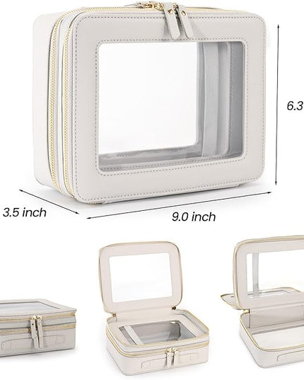 Aveniee Clear Makeup Bags, Double Layer Cosmetic Bags with a Separate Brush Compartment, Large Travel Toiletry Bag Train Case for Women, Travel Accessories Organizer,2 Layers Large, Grey