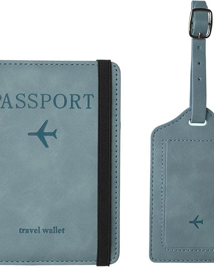 Luggage Tag and Passport Holder Set,Passport Cover with Card Slot and Boarding Pass Slot Combo,Passport Travel Must Have, Waterproof and Scratch Resistant Travel Accessories（Light Blue）