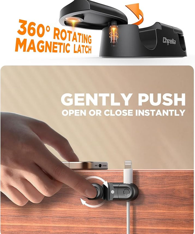 Magnetic Cable Clips - Chfeila 8Pack [Dual Slot] [360°Rotating & Twist-Lock] Cord Management, Adhesive Phone Charging Keeper, Wire Organizer Holder for Nightstand, Home Office Desk Accessories Decor