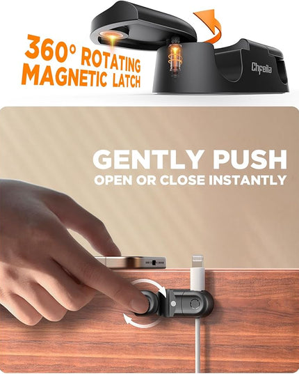 Magnetic Cable Clips - Chfeila 4Pack [Dual Slot] [360°Rotating & Twist-Lock] Cord Management, Adhesive Phone Charging Keeper, Wire Organizer Holder for Nightstand, Home Office Desk Accessories Decor