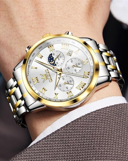 OLEVS Mens Watch Luxury Big Face Stainless Steel Analog Quartz Multifunctional Waterproof Luminous Date Two Tone Fashion Dress Wrist Watches for Man