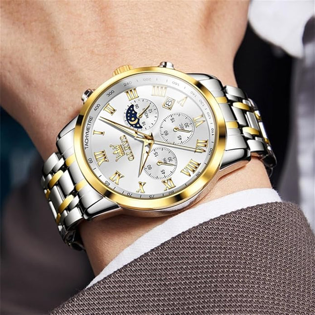OLEVS Mens Watch Luxury Big Face Stainless Steel Analog Quartz Multifunctional Waterproof Luminous Date Two Tone Fashion Dress Wrist Watches for Man