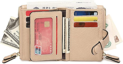 AOXONEL Women's Wallets Leather Wallets for Women Rfid Small Ladies Wallet Billfolds for Women,Trifold Mini Wallets for Women with Double Zipper Coin Pocket (Apricot)