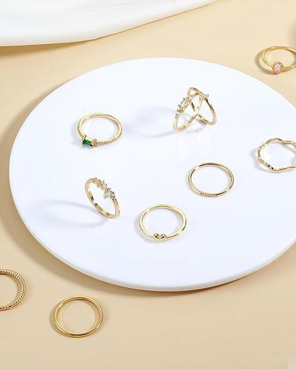 Fansilver 14K Gold Plated Stacking Rings for Women Simple Dainty Gold Stackable Knuckle Thumb Rings Heart CZ Opal Rings Plain Band Size 5-11