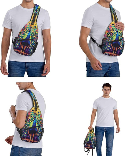 Animal Face Sling Bag Crossbody Bags Chest Bag Backpack for Travel Running and Hiking for Men Women Colorful Peacock