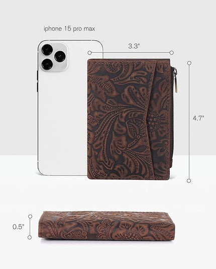 Oak Leathers Leather Wallet For Women - Small RFID Coin Purse Credit Card & ID Holder for Ladies, Gift for Women's, Bifold Wallets (Crazy Horse Brown Flower)