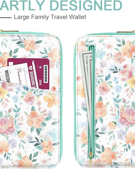 Family Passport Holder Wallet RFID Blocking Document Organizer PU Leather Mulit-purpose Travel Wallet Credit Cards Case for Women Men, Watercoler Floral