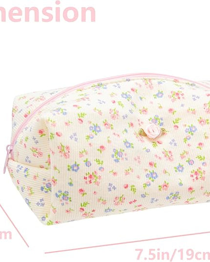 PAZIMIIK Cozy Makeup Bag Travel Cosmetic Bag for Women Soft Toiletry Bag Aesthetic Makeup Organizer Portable Large Zipper Pouch for Skincare Beauty Accessories Brushes Ribbing Floral Beige