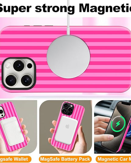 Magnetic for iPhone 15 Pro Max Case Cute Stripes Phone Case, Shockproof Slim TPU and Hard PC Protective Phone Cover Compatible with MagSafe Designed for Women Girls, Deep Pink