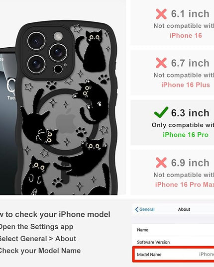 Cute Case for iPhone 16 Pro Case [Compatible with MagSafe] with Kawaii Black Cats Cat Print Pattern Design for Women Girls, Soft Wavy Edge Anti-Slip Animal Magnetic Protective Phone Cover