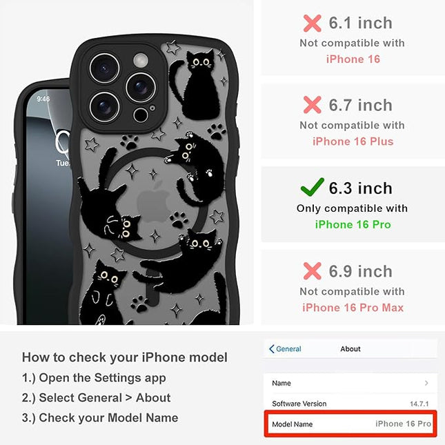 Cute Case for iPhone 16 Pro Case [Compatible with MagSafe] with Kawaii Black Cats Cat Print Pattern Design for Women Girls, Soft Wavy Edge Anti-Slip Animal Magnetic Protective Phone Cover
