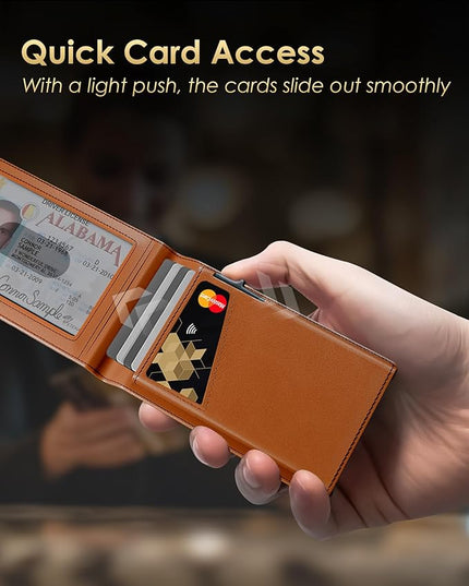 QLD 2026 Wallet for Men - RFID Blocking [Functional & Practical] Bifold Slim Minimalist Credit Card Holder Pop Up Wallet Metal Case with Cash Slot, Front Pocket with ID Window, Gift Boxed