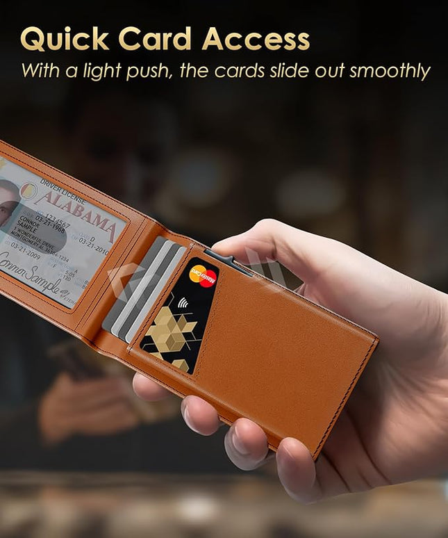 QLD 2026 Wallet for Men - RFID Blocking [Functional & Practical] Bifold Slim Minimalist Credit Card Holder Pop Up Wallet Metal Case with Cash Slot, Front Pocket with ID Window, Gift Boxed