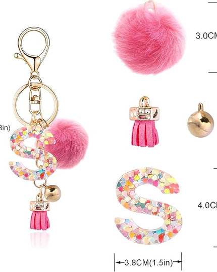 Resin Alphabet Initial Letter Keychain Keyring for Women Purse Handbags With Fur Ball Pom
