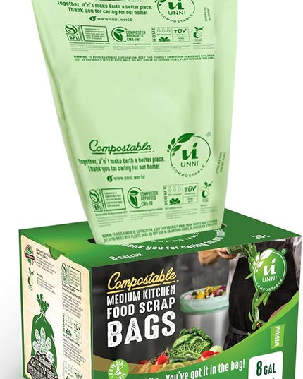 UNNI Compostable Trash Bags, 8 Gallon / 30 Liter, 100 Count, Extra Thick 0.85 mil Medium Kitchen Food Scrap Bin Liners, Certified by BPI, CMA & OK compost HOME, Meets the ASTM D6400 Standard
