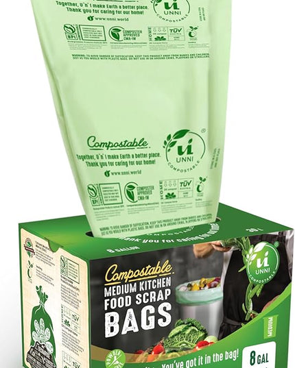UNNI Compostable Trash Bags, 8 Gallon / 30 Liter, 200 Count Value Pack, Extra Thick 0.85 mil Medium Kitchen Food Scrap Bin Liners, BPI, CMA & OK compost HOME Certified (Meets ASTM D6400)