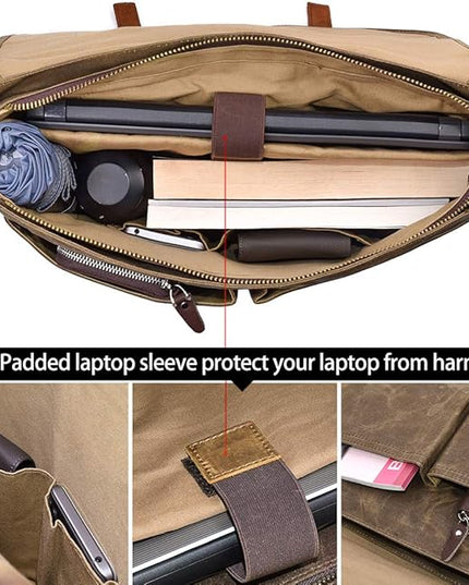 Mens Messenger Bag 15.6 Inch Waterproof Vintage Genuine Leather Waxed Canvas Briefcase Large Satchel Shoulder Bag Rugged Leather Computer Laptop Bag, Khaki