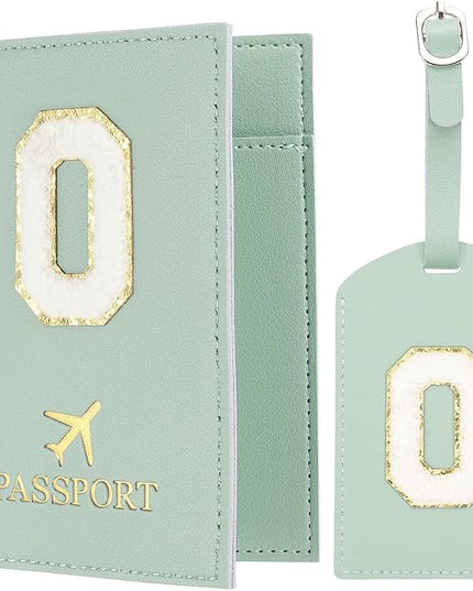 PATIKIL Passport Holder for Travel, Initial Passport Cover and Luggage Tag Set with Alphabet Chenille Letter Patch Travel Wallet Bag Suitcase Identifier for Women Family Travel Green O