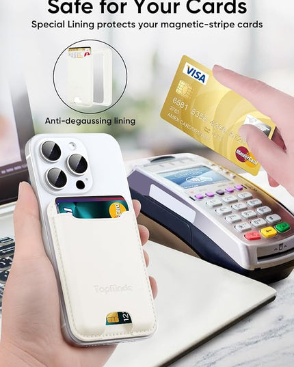 TopMade Phone Card Holder, Premium Leather Phone Wallet Stick on, Stronger 3M Adhesive Credit Card Holder for Back of Phone Case, iPhone, Samsung, and Android, RFID Blocking, Fit 4 Cards, Milky White