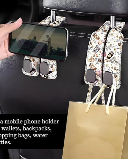 Car Seat Headrest Hook, Universal Leather Cute Hanger Holder Hook, Storage Organizer Interior Accessories for Purse Bags Handbag Funny Coffee Pattern