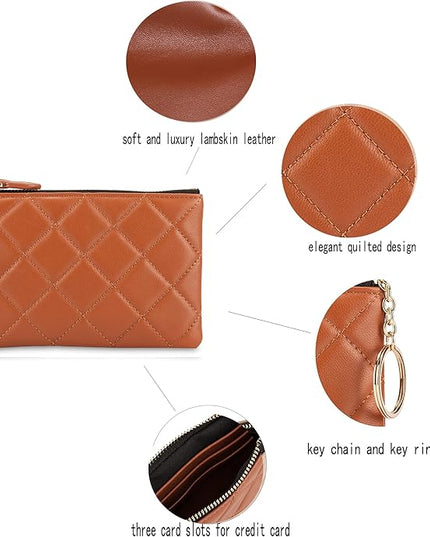 DORIS&JACKY Soft Lambskin Leather Coin Purse Small Quilted RFID Blocking Top Zipper Wallet With Key Chain