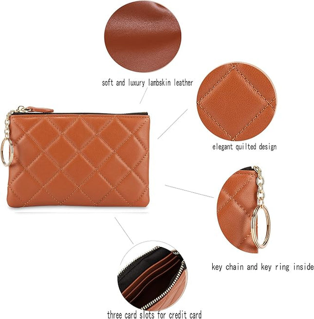 DORIS&JACKY Soft Lambskin Leather Coin Purse Small Quilted RFID Blocking Top Zipper Wallet With Key Chain