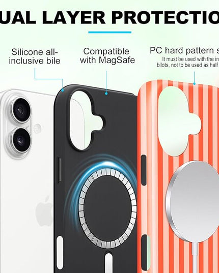 Magnetic for iPhone 16 Case Cute Stripes Phone Case, Shockproof Slim TPU and Hard PC Protective Phone Cover Compatible with MagSafe Designed for Women Girls, Deep Orange