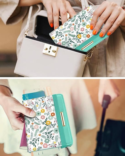 Passport Holder Cover Travel RFID Blocking Passport Cover Rose Gold Cute Flowers Passport Wallet with Elastic Band for Women