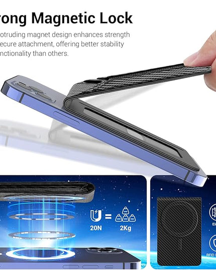 Padike for Magsafe Wallet, Magnetic Phone Wallet with Elastic Band for Extra Card Storage, Magnetic Card Holder with Adjustable Kickstand (Black Carbon Fiber)