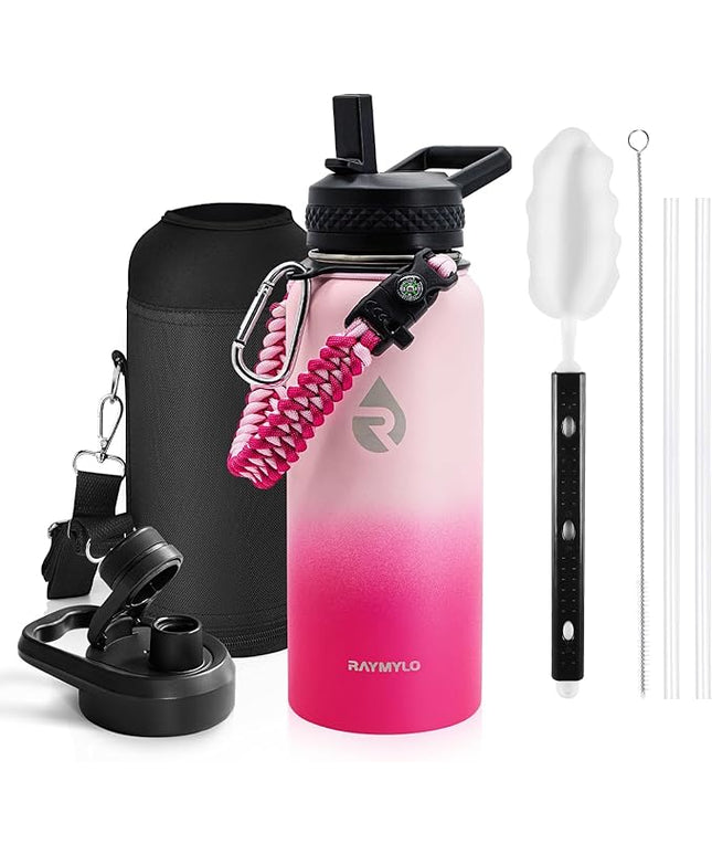 Insulated Water Bottle 32 oz, Triple Wall Vacuum Stainless Steel (Cold for 48 Hrs), Leak Proof & Non-BPA, Modern Water Flask Jug with Paracord Handle & Straw Spout Lids, Ombre Pink
