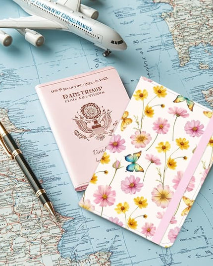 Sweet Daisy Leather Passport Holder Cover Butterfly Travel Wallet Passport Case with Credit Card Slots for Women Men Travelling Essentials for Flying