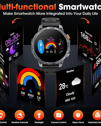 Military Smart Watches for Men,1.75″ Smartwatch with 100-Day Ultra-Long Battery/Flashlight,Fitness Watch for Heart Rate/Sleep/Calling/110+ Sports Mode Smart Watch for Android iOS 1000 mAh