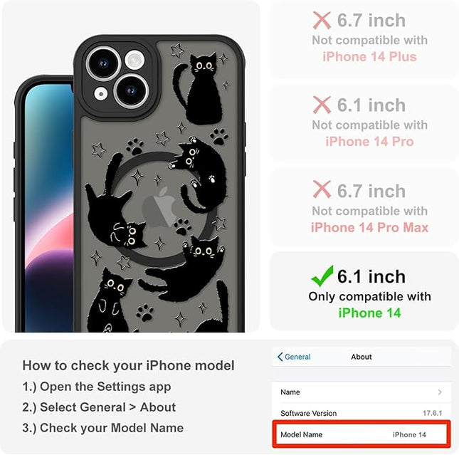 Cute Magnetic Case for iPhone 14 Case [ Compatible with MagSafe ] with Black Cat Cats Pattern Design for Women Girls Boys, Soft Bumper Hard Back Kawaii Animal Protective Phone Cover