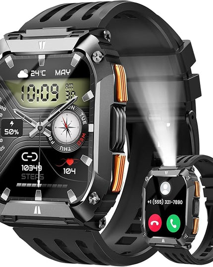 Smart Watches for Men, 1.95'' Fitness Watch: Waterproof Military Smart Watch with 100 Days Battery Life/Call/Flashlight/Sleep/SpO2/Heart Rate Monitor/Step Tracker, Sport Smartwatch for Android iPhone
