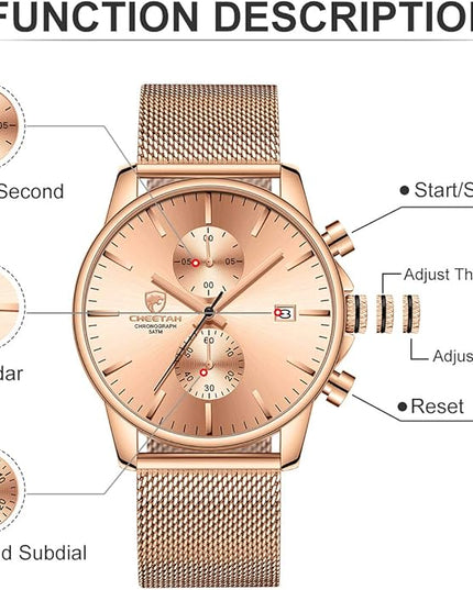GOLDEN HOUR Mens Watch Fashion Sleek Minimalist Quartz Analog Mesh Stainless Steel Waterproof Chronograph Watches for Men with Auto Date