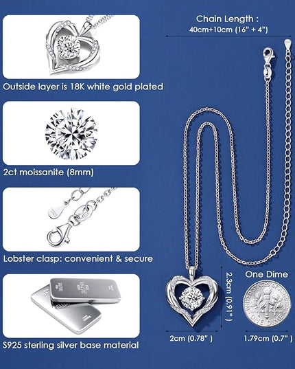 Beam & Bask 2-3 Ct Moissanite Heart Necklaces for Women, 18K Gold Plated Romantic Pendant for Anniversary Birthday, 925 Sterling Silver Jewelry for Wife Girlfriend Mom Her