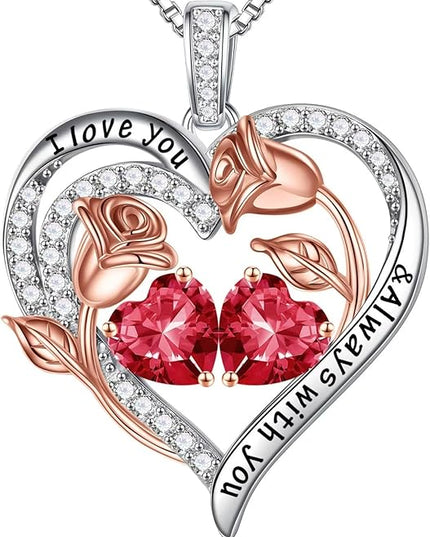 Iefil Christmas Gifts for Women Wife - 925 Sterling Silver Rose Heart Birthstone Necklace Birthday Anniversary Jewelry Gifts for Her Wife Mom Daughter