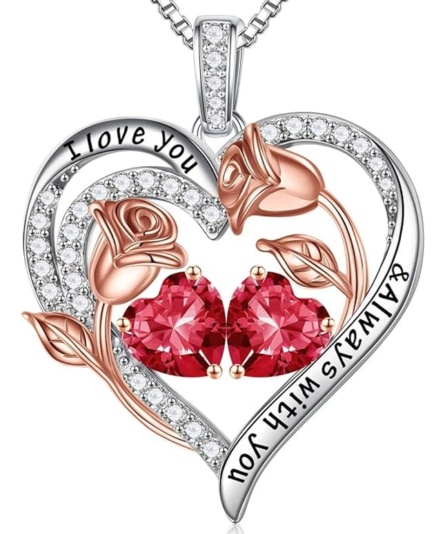Iefil Christmas Gifts for Women Wife - 925 Sterling Silver Rose Heart Birthstone Necklace Birthday Anniversary Jewelry Gifts for Her Wife Mom Daughter