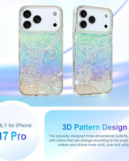Cute Case for iPhone 17 Pro Case for Women Girls, with 3D Butterflies Pattern Design, Aesthetic Clear Iridescent Glitter Kawaii Girly Rainbow Protective Phone Cover