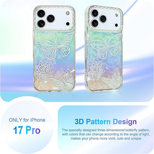 Cute Case for iPhone 17 Pro Case for Women Girls, with 3D Butterflies Pattern Design, Aesthetic Clear Iridescent Glitter Kawaii Girly Rainbow Protective Phone Cover