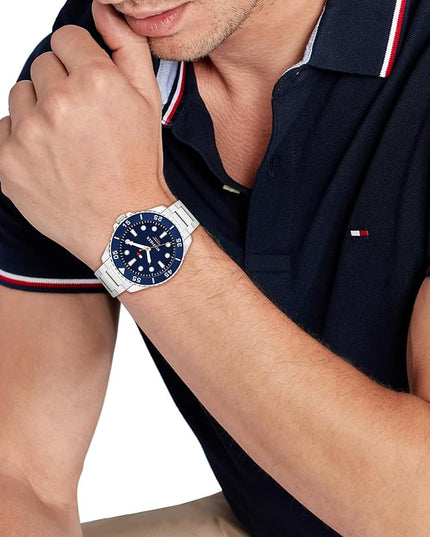 Tommy Hilfiger Men's Bold Dive-Inspired Watch – 3H Quartz Movement, Stainless Steel and Aluminum Case, Aluminum Sport Bezel, Link Bracelet – Adventure-Ready Gift for Him