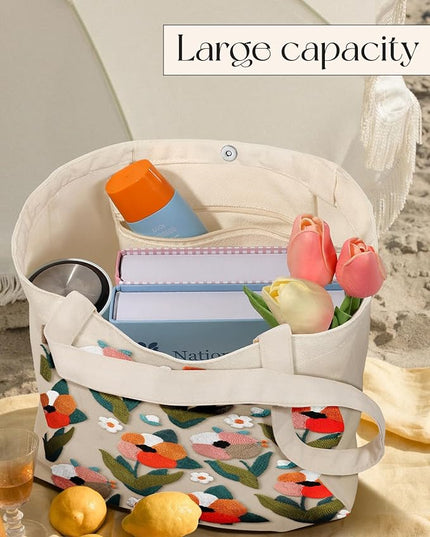 Embroidery Canvas Tote Bag for Women - Reusable Totes with Pocket & Buckle Aesthetic Cute Grocery Shoulder Bag