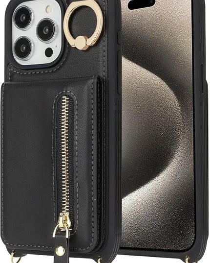for iPhone 15 Pro Max Wallet Case with Card Holder, for iPhone 15 Pro Max Case Wallet with Strap Credit Card Slot, Crossbody Bag with Zipper Case for iPhone15 Pro Max - Black