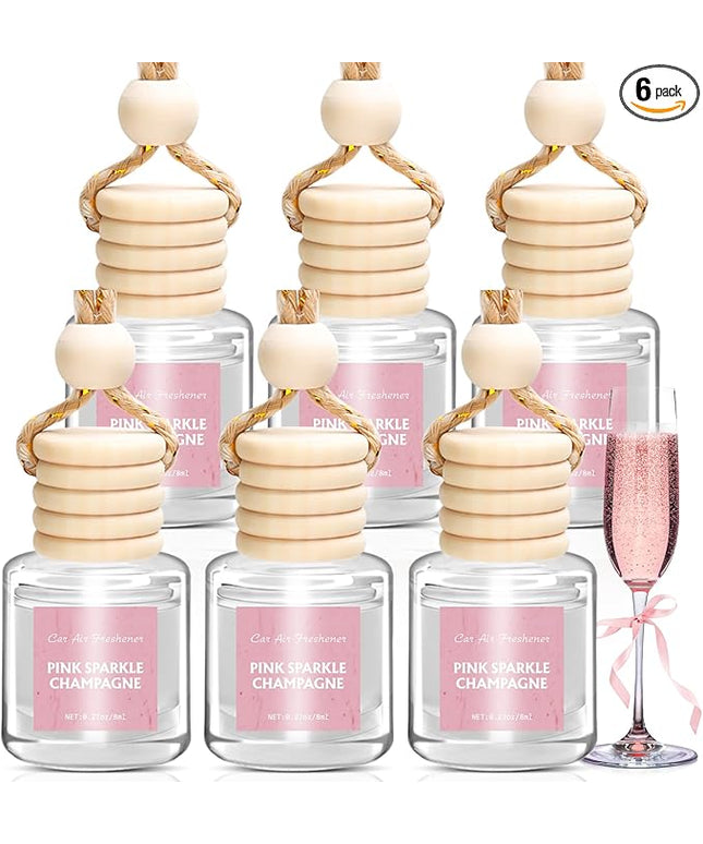 AROIC Car Air Freshener - Pink Sparkle Champagne Fragrance, 6 Pack Long Lasting Essential Oil Fragrance Diffuser, Hanging Cute Automotive Perfumes Interior Decor, Pink Car Accessories for Women & Men