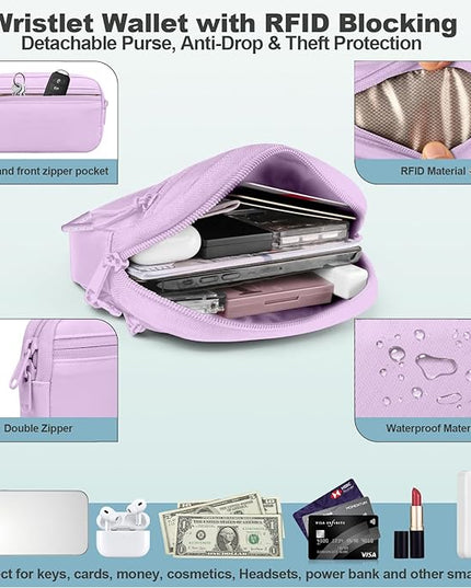 Clip and Go Strap for Phone with Wallet Crossbody, Adjustable Phone Lanyard with Detachable RFID Wristlet Wallet, Pattern Strap - Light Purple(L)