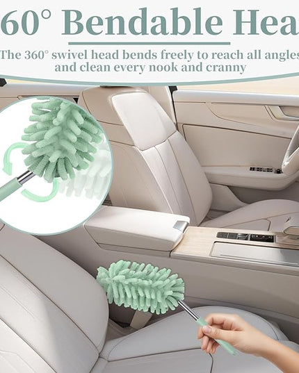 2 PCS Car Interior Duster with Extension Pole, Microfiber Car Dusters with Bendable Head, Cars Dusters Exterior&Interior Scratch Free, for Cleaning of Vehicle Details, Offices, Window (Light Green)