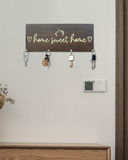 Yhtmbf Sweet Home Wooden Key Holder for Wall - 5"x10" Key Organizer Hanger with 4 Hooks for Front Door Hallway Entryway Kitchen - Home Office Decor & Housewarming Gifts Supplies - A06