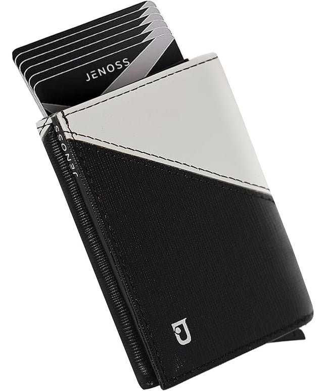 Jenoss Smart Wallet For Men: Full Grain Leather, Handcrafted, Slide Metal Pop Up Case, Slim RFID Blocking Credit Card Holder, Minimalist, Compact 12 Cards Slot Organizers, ID, Money Clip (Black&Cream)