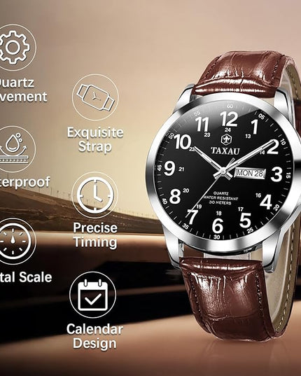 Men's Watches Leather Band Stainless Steel Quartz Analog Watch Luxury Waterproof Watches for Men Dress Men's Wrist Watch with Day Date Arabic Numeral Relojes para Hombre